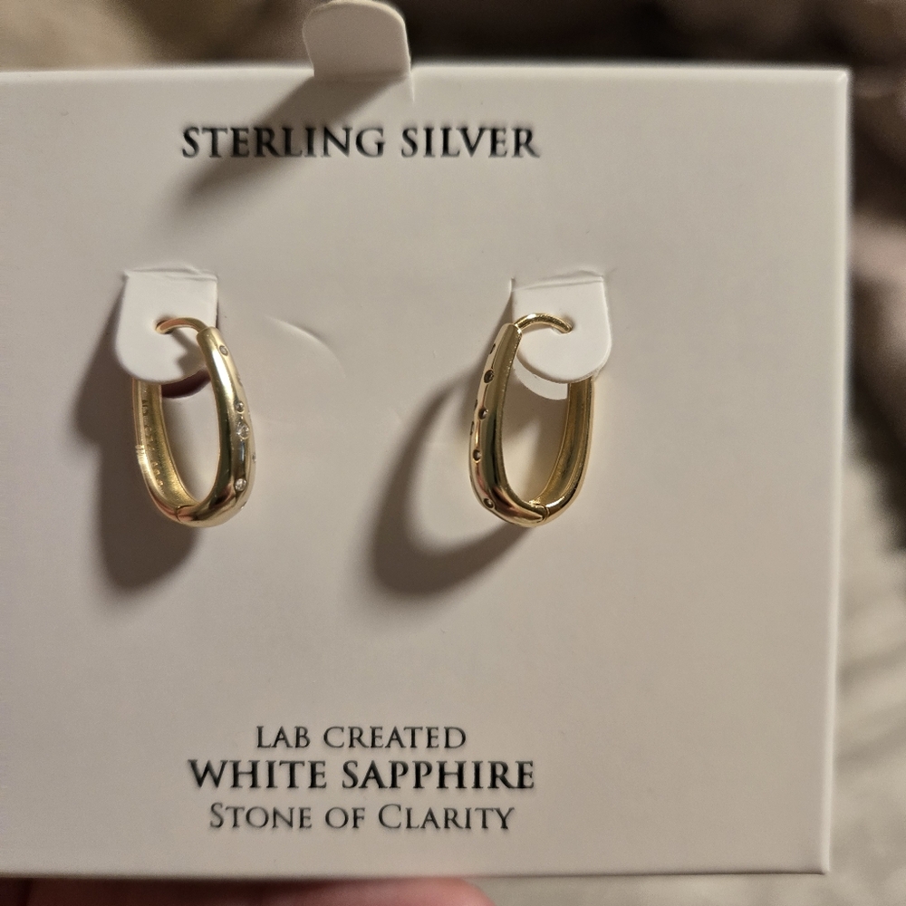 18k SS Lab Created White Sapphire stone of Clarity Oval Hoop Earrings NIB